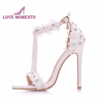 

Sweet White Lace Wedding Bride Shoes Ankle Straps Open Toe Summer Dress Sandals Beautiful Beading Strap Evening Party Sandals