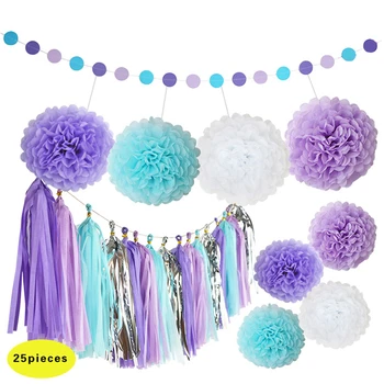 

25pcs/set DIY Blue Light Purple White Paper PomPom Flower Wedding Decor Silver Tassels Garland for Kid's Birthday Party Ornament