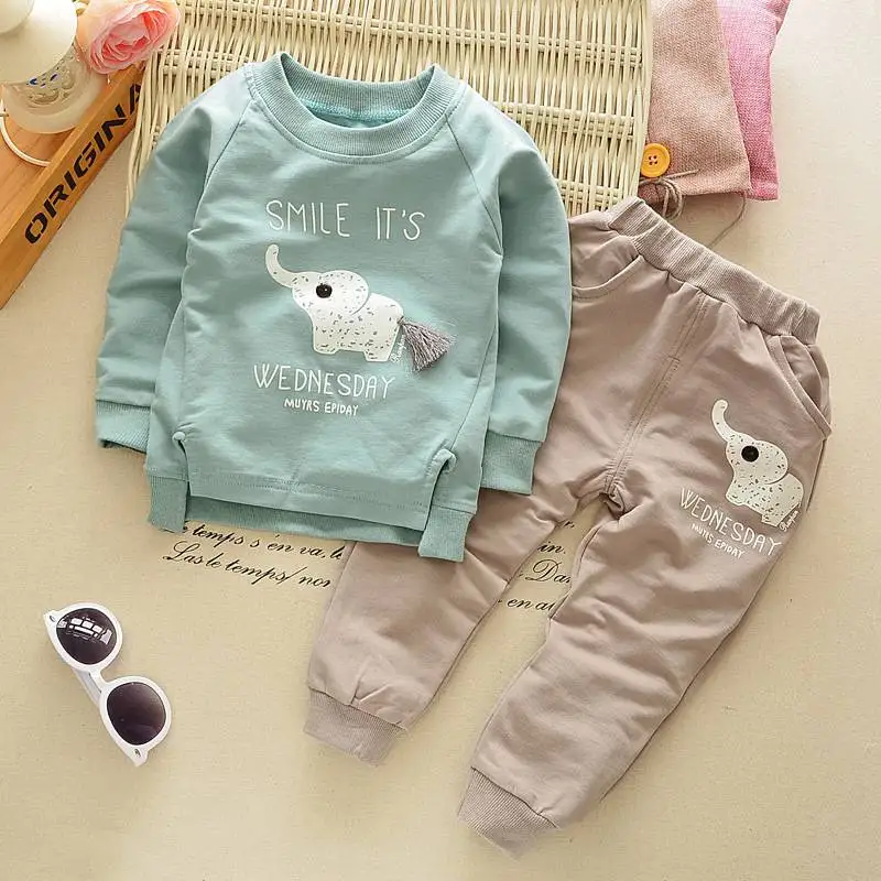 Комплект одежды из 2 предметов для новорожденных мальчиков и девочек, весенне-осенние Топы с длинными рукавами и круглым вырезом и Рисунком Слона+ штаны, комплекты одежды для детей