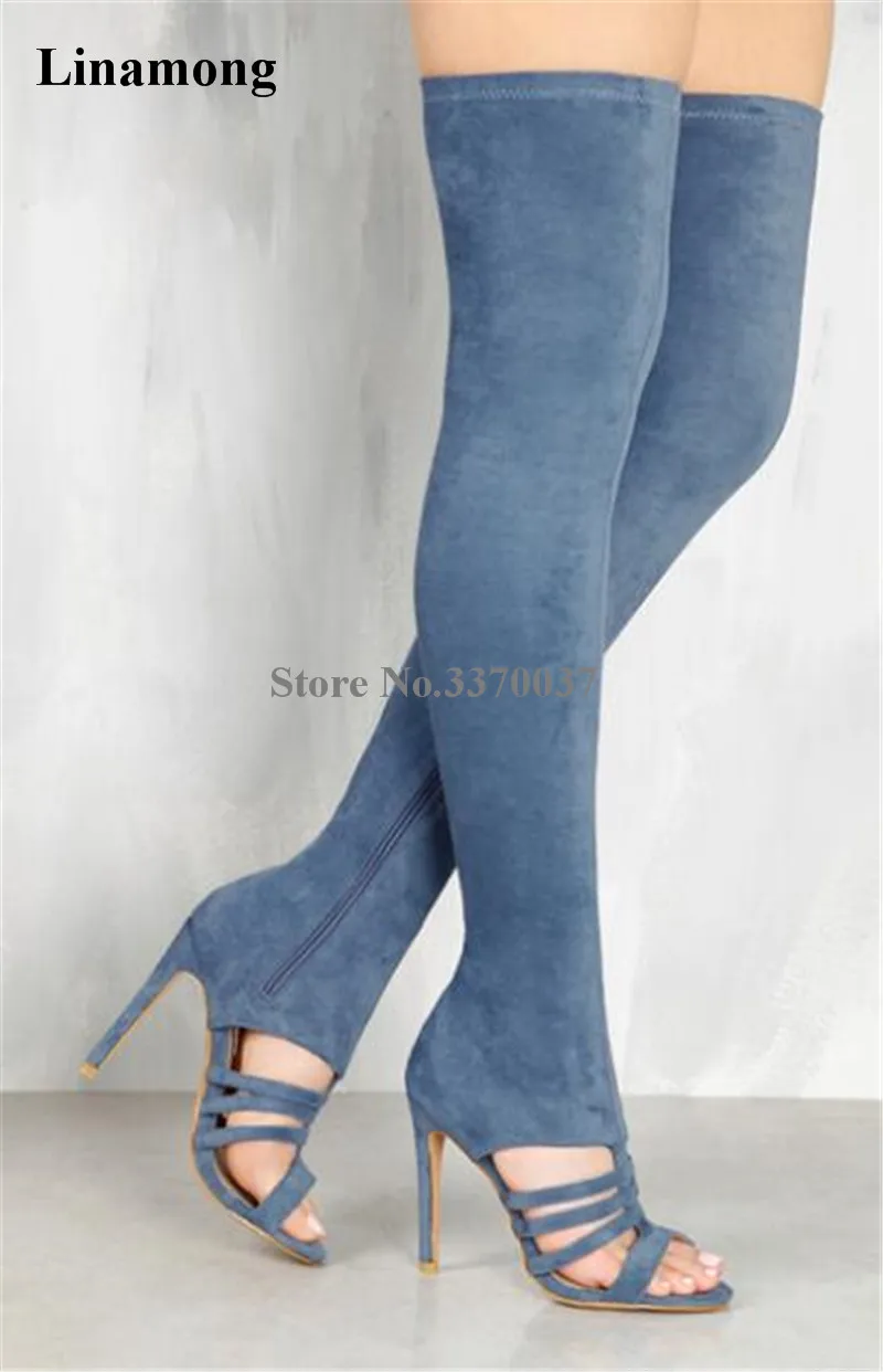 New Design Women Sexy Open Toe Blue Suede Leather Over Knee Gladiator