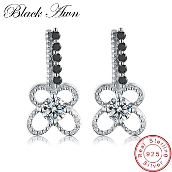 

[BLACK AWN] 1.8g 925 Sterling Silver Jewelry Trendy Black Spinel Flower Wedding Earrings for Women T081