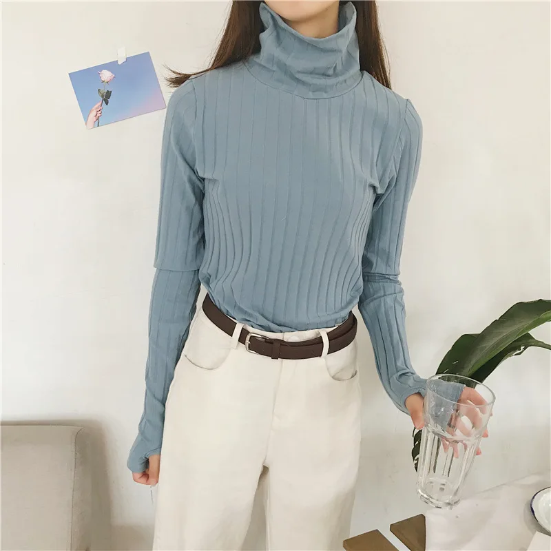 

Basic Cotton High Neck Top With Thumn Hole Women Ribbed Slim Fit Layering Shirt Mock Neck