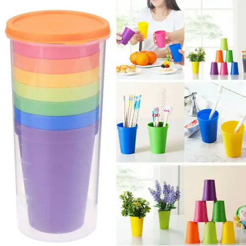 

7Pcs Kids Mug Plastic Cups Water Battle Set Of 8 Reusable Travel Trendy Funny Home Casual Brief Colorful Cute Solid Drink Bottle