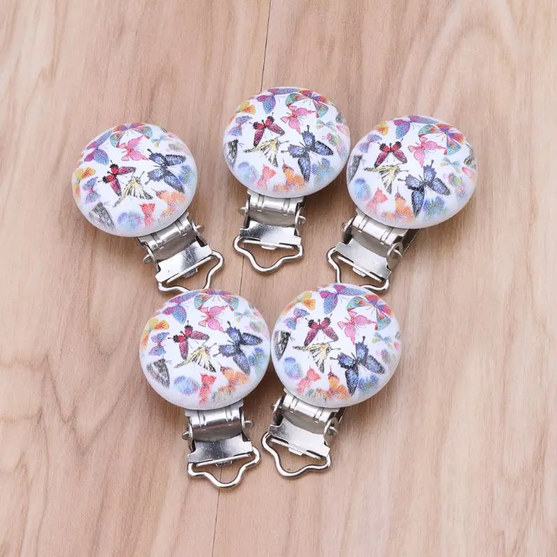 

5Pcs Metal Wooden Baby Pacifier Clips Holders Cute Infant Soother Clasps Holders