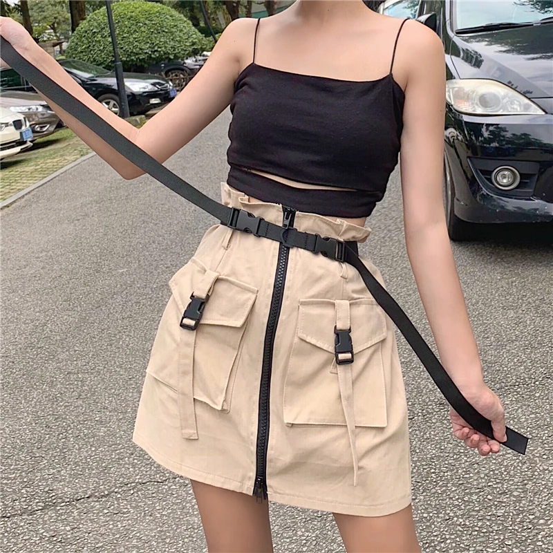 

Women's Clothing summer loose high waist skirt korean streetwear pockets Harajuku zipper casual cargo skrits Women Matching Belt