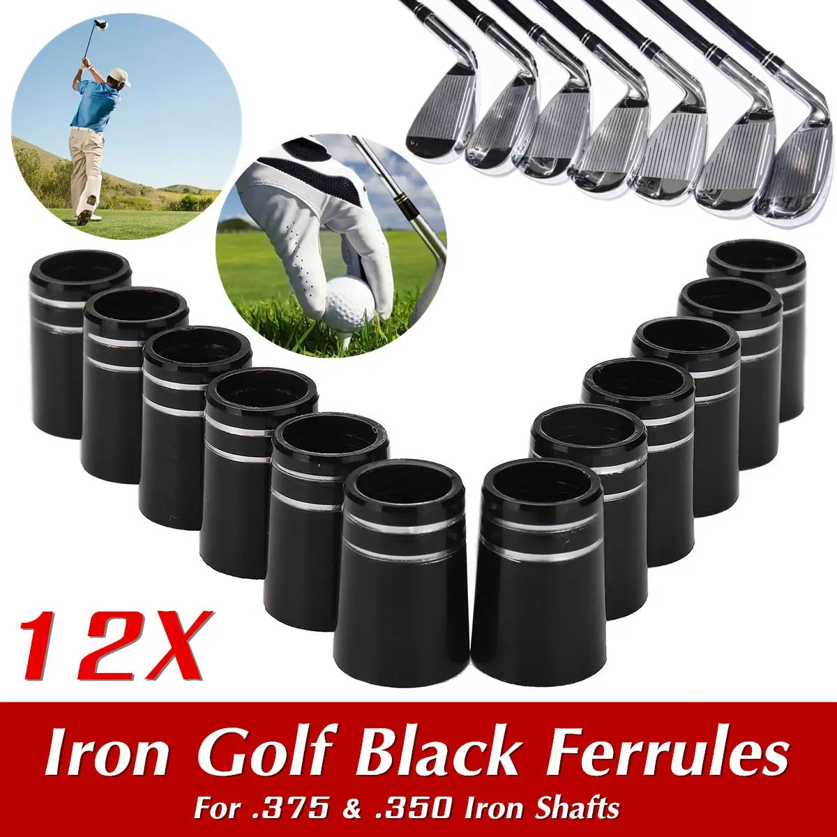 12Pcs Polypropylene Black Golf Tip Ferrules Rings Adapters Length 19mm For .375 & .350 Iron Shafts Inner Diameter 9.3mm