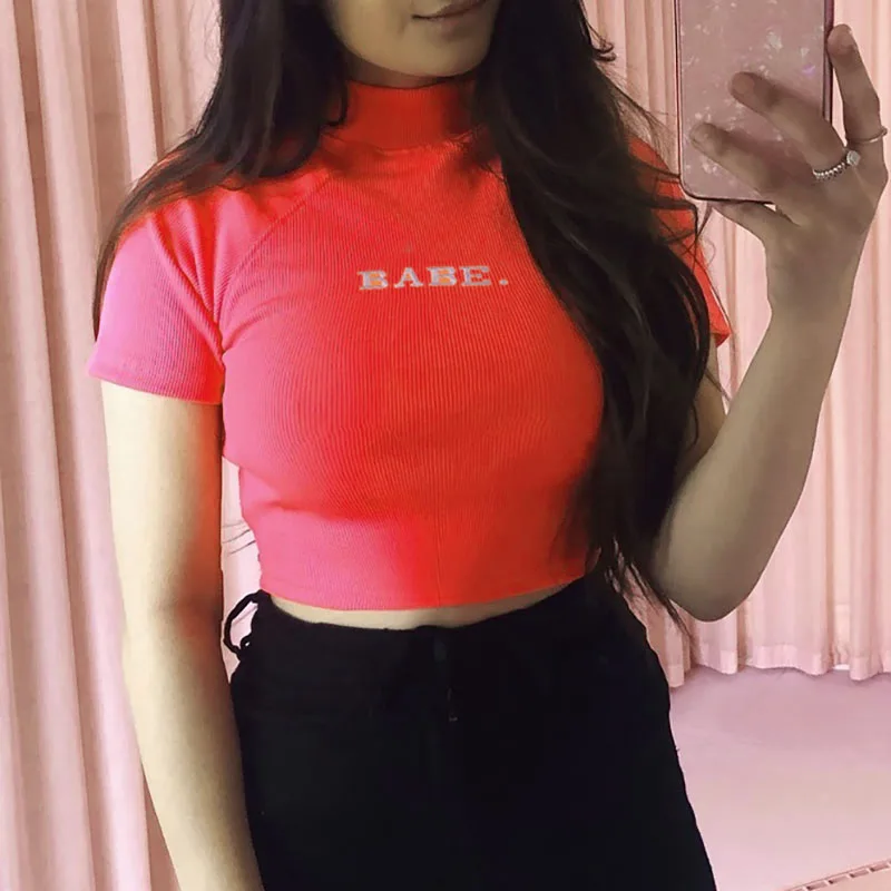 

Women Turtleneck Short Sleeve T-shirt Crop Tops Knitted Embroidely Letter Printing Sexy Casual Tops Summer 2019 New Female