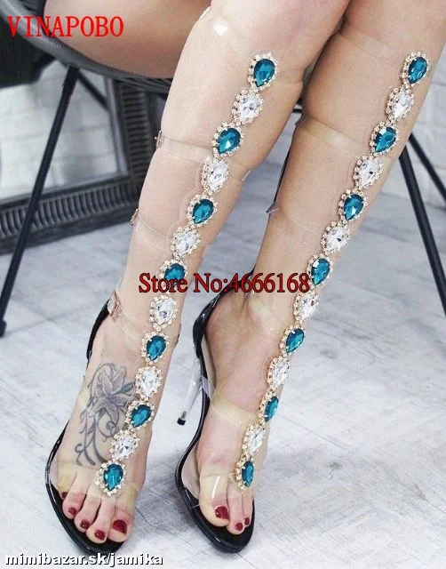 Женские прозрачные сапоги гладиаторы до колена Bling Стразы на высоком каблуке