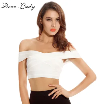

Deer Lady Free Shipping Summer Crop Tops Women 2017 Elastic Sexy White Rayon Bandage Crop Top Off Shoulder Red Black Hot Pink
