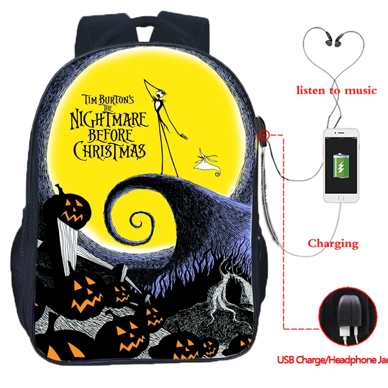 The Nightmare Before Christmas Backpack USB Charging Backpack Jack Skellington School Bag Backpacks Multifunctional Travel Bags - Цвет: 2