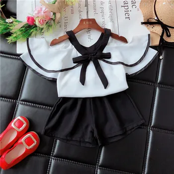 

Summer girls 2 pcs set baby blouse + shorts kids suit children clothes off shoulder layered collar halter 4 to 11 yrs