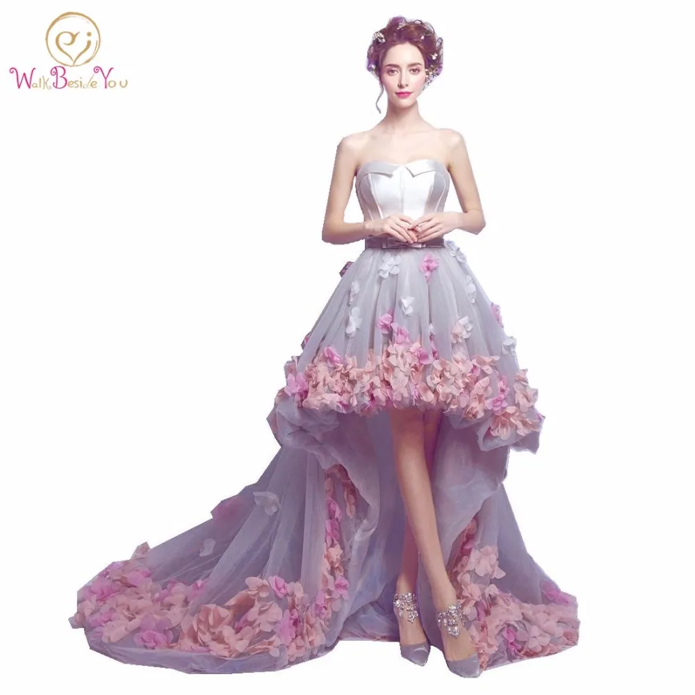 2016 Flowers Prom Dresses Short Front Long Back Evening Gowns Gray Organza Fashion Party Formal Gowns