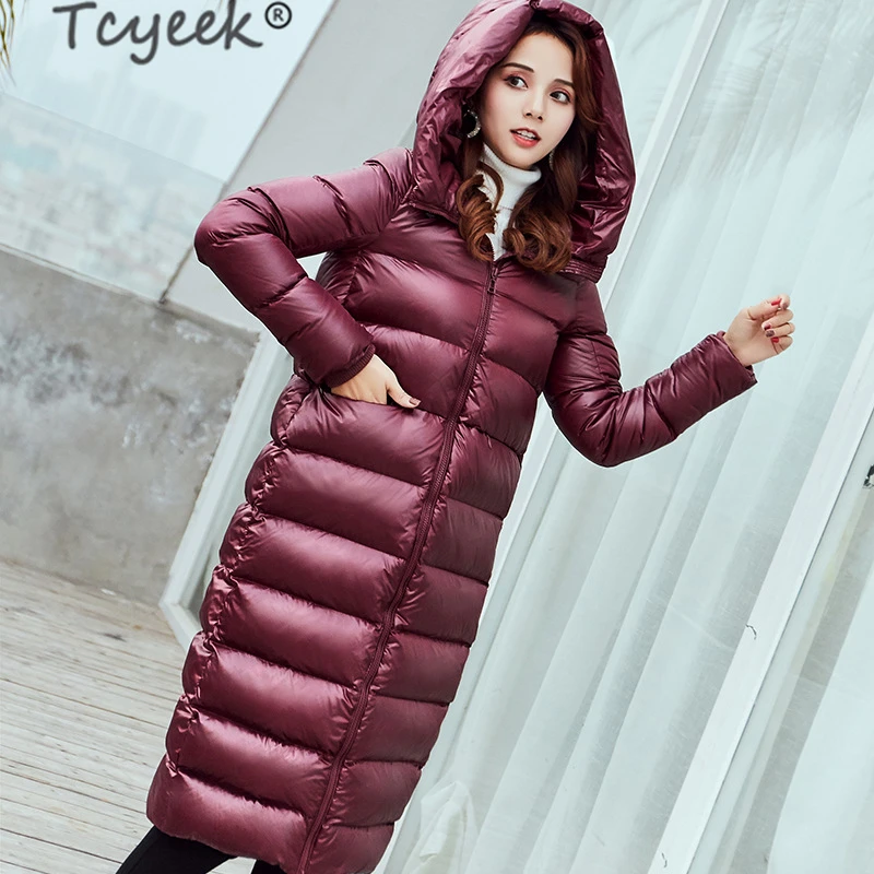 

Tcyeek Women's Down Jacket X-Long Winter Coat Female Korean Casual Thick Bright Duck Down Jacket Women Hooded Warm Outwear 1601
