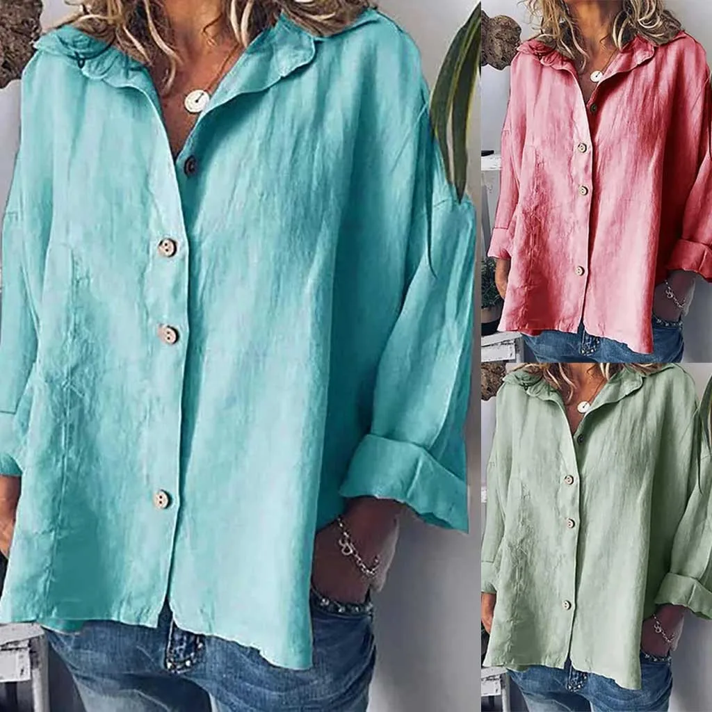 

Female Button Tops Linen Cotton Fashion Short T Shirt Ladies Women's long-sleeved top girl shirt camisetas manga corta mujer