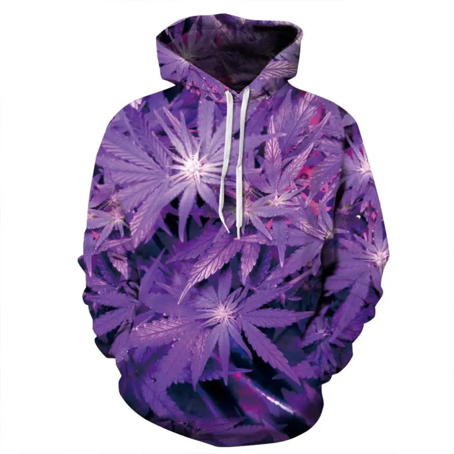 Women Men Harajuku Hoody Purple Weed Leaf Printed Hoodies Fashion
