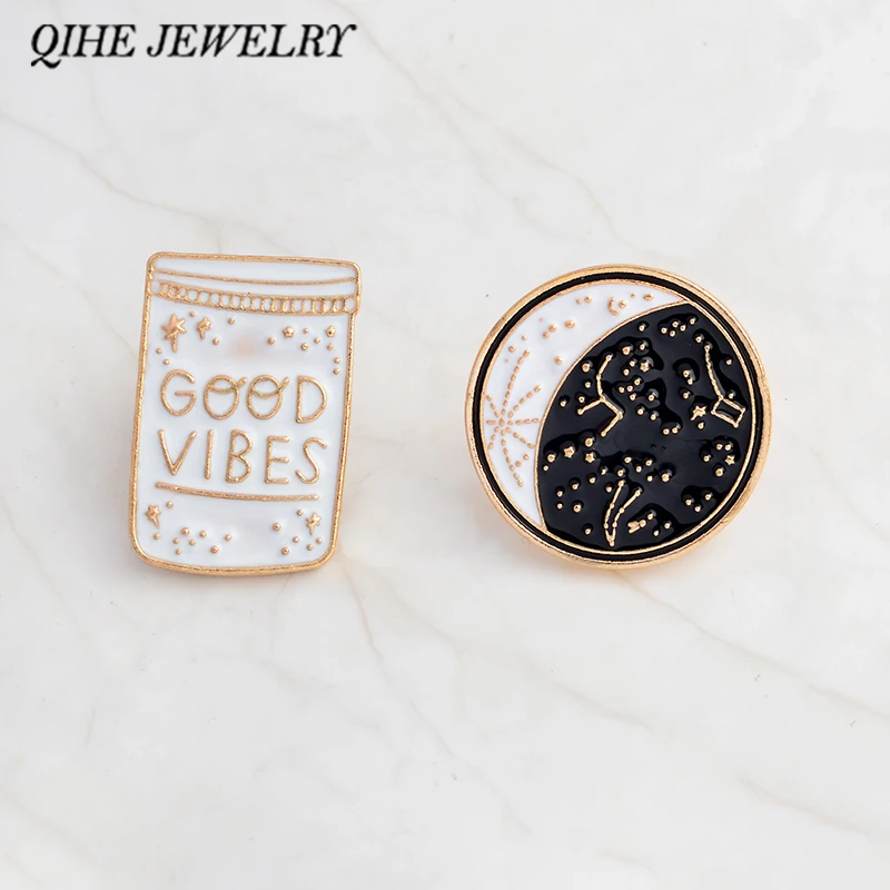 

QIHE JEWELRY Good vibes enamel lapel pin Constellation pin Moon phase badges Good vibes only jewelry