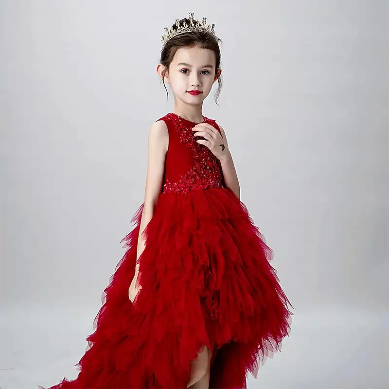 wine red short dress Детское роскошное розовое/винно-красное платье принцессы с вышитыми цветами и длинным хвостом для выступлений детское свадебное платье для девочек на день рождения - Цвет: wine red short dress