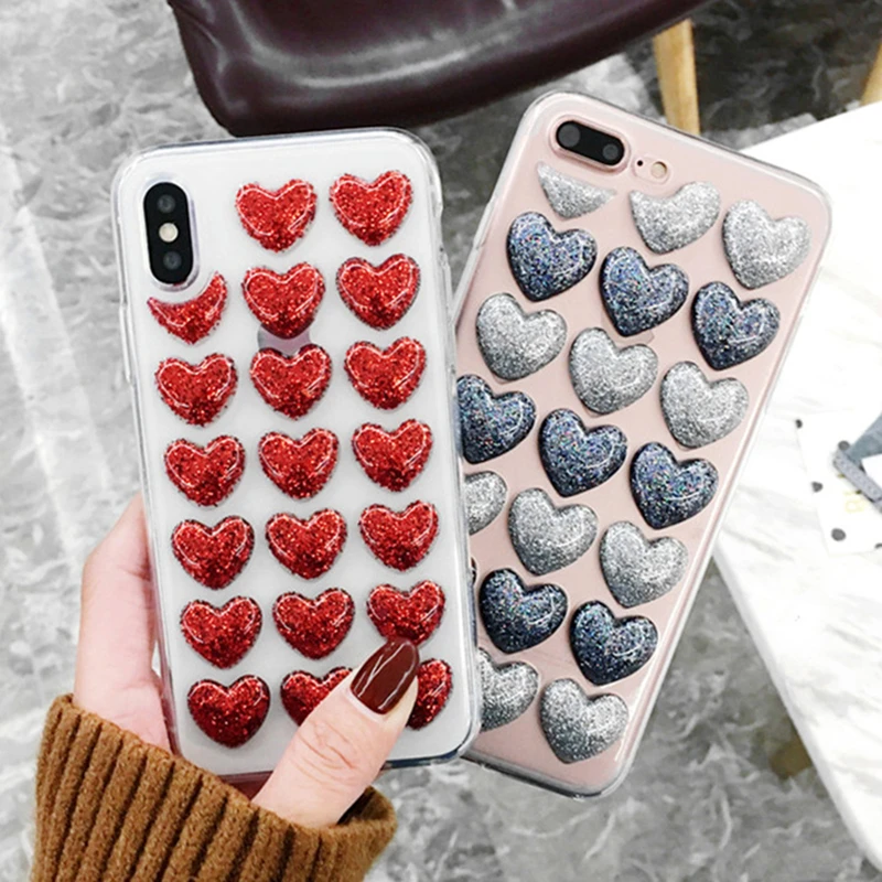 

Fashion Bling Glitter Heart Glue Silicone Body Case for iPhone X 8 7 6 6S Plus 5 5S Back Cover Loves Sequins Soft Silicone Cases