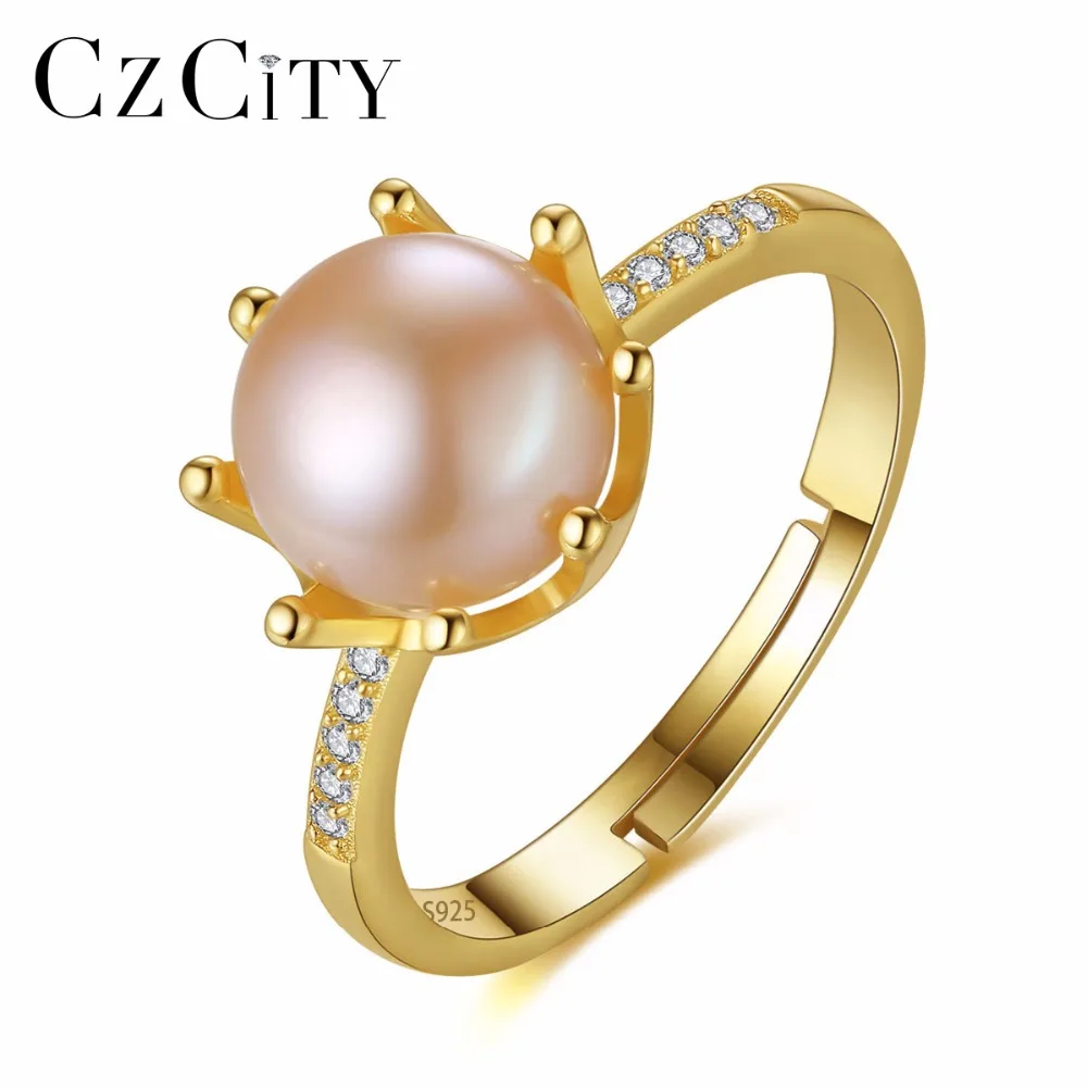 CZCITY Корона 925 пробы серебро Обручение палец кольцо из натурального пресноводного
