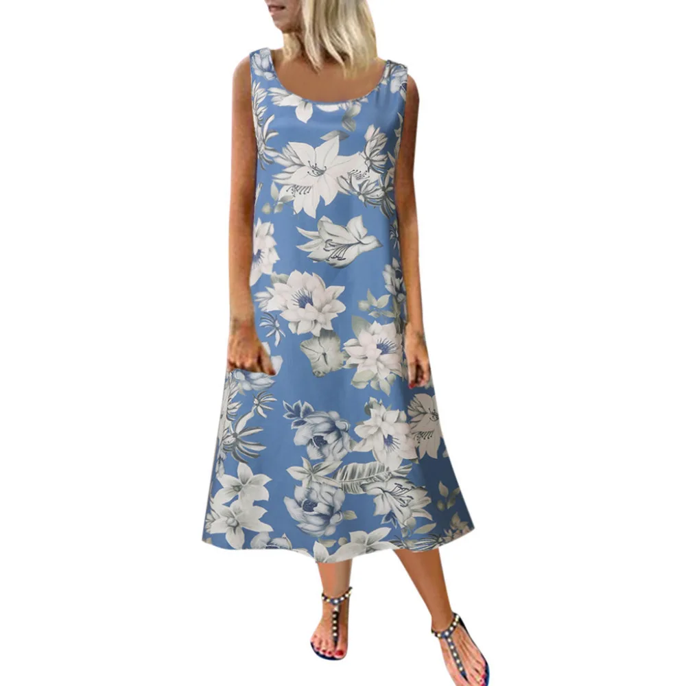 2019 woman summer sexy beach dress long round neck print sleeveless mini beach dress plus size sexy beach dress cover up 40J3 (3)