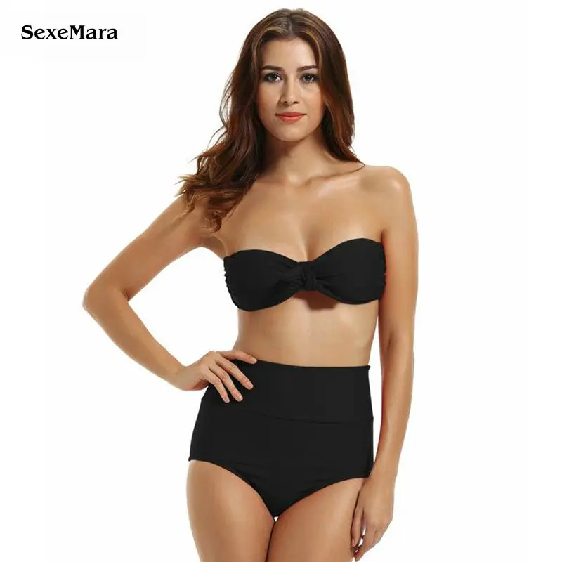 

SexeMara Sexy Black High Waist Bikini Bandeau Swimsuit Bathing Suits Vintage Brazilian Scrunch Butt Swimwear Swim Suit for Women