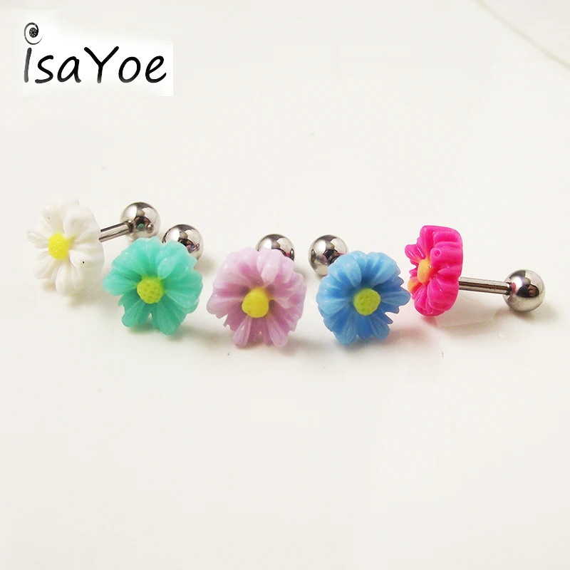 Isayoe 1 Piece 16G Colorful Acylic Flower Tragus Helix Ear Piercing