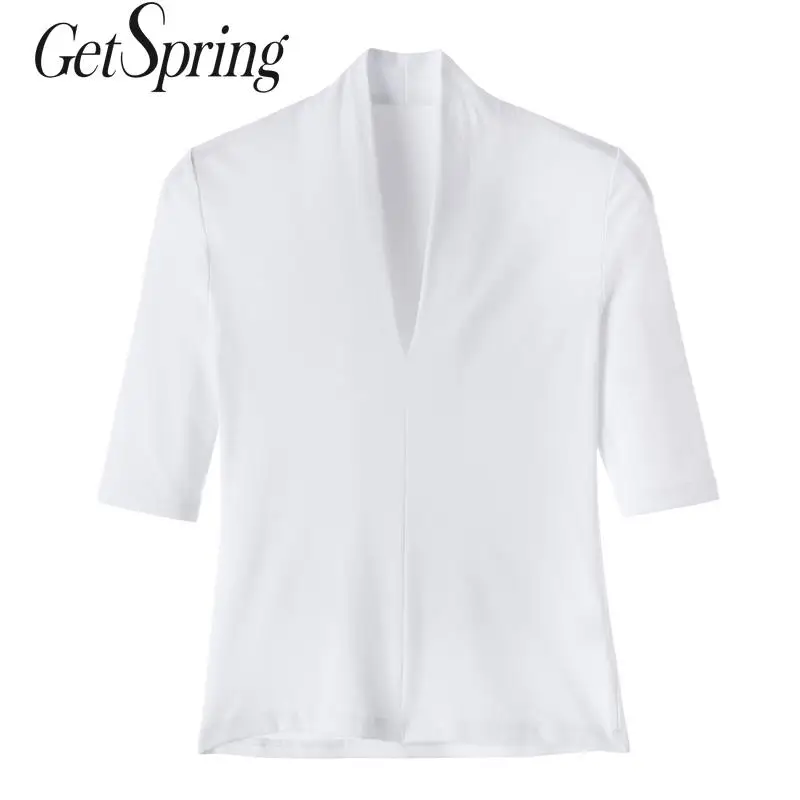 

GETSRING Women T Shirt V Neck Half Sleeve Cotton T Shirts Elegant Womens Tshirts All Match Vintage T Shirt Slim Thin T-shirt New