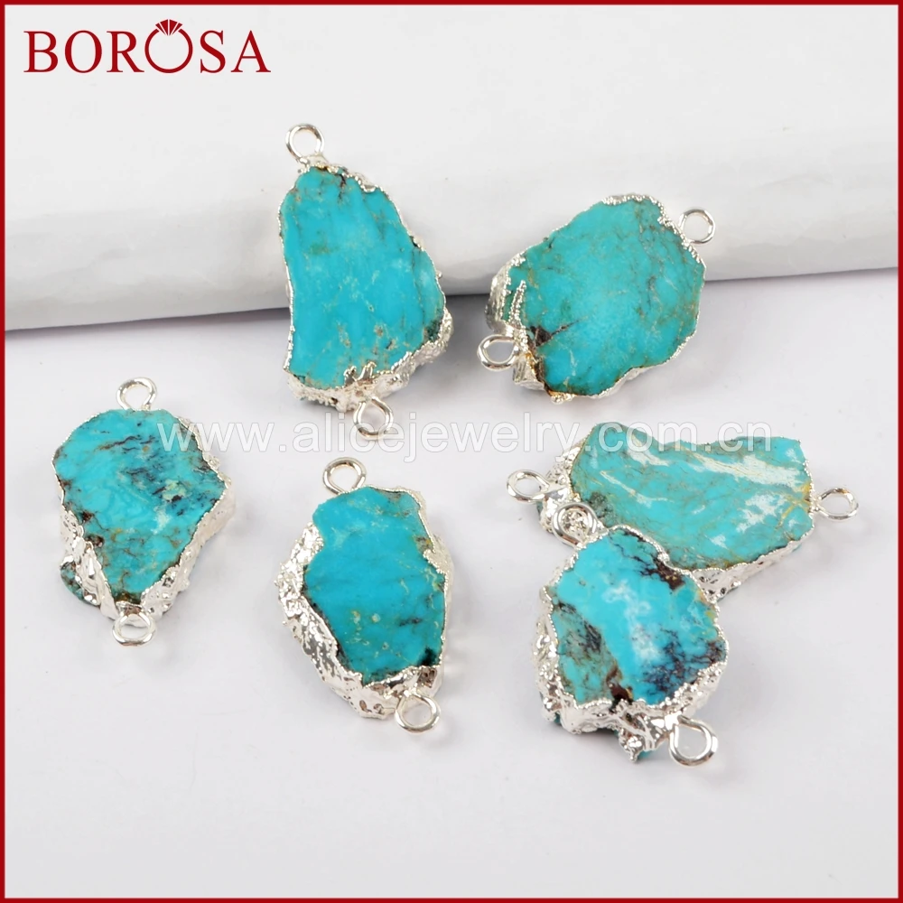 

BOROSA 5PCS Silver Color Freeform 100% Natural Turquoises Slice Connector Natural Blue Stone for Necklace Druzy Jewelry S1624