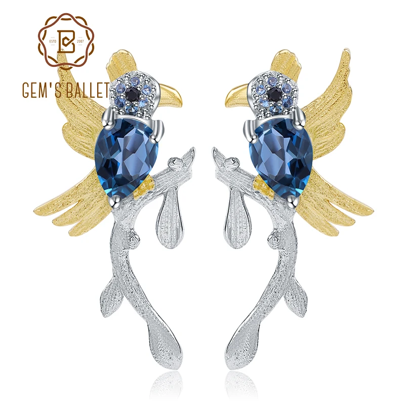 GEM'S балетные 925 пробы серебряные серьги ручной работы 1.30Ct натуральный Лондон Голубой топаз серьги-гвоздики в виде птицы для женщин Свадебные украшения