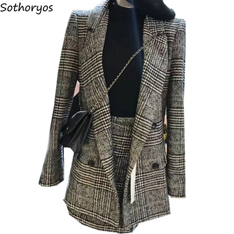 

Blazers Women Notched Plaid Simple All-match Retro Pockets Leisure Slim Blazer Womens Korean Style Chic Ladies Elegant Clothing