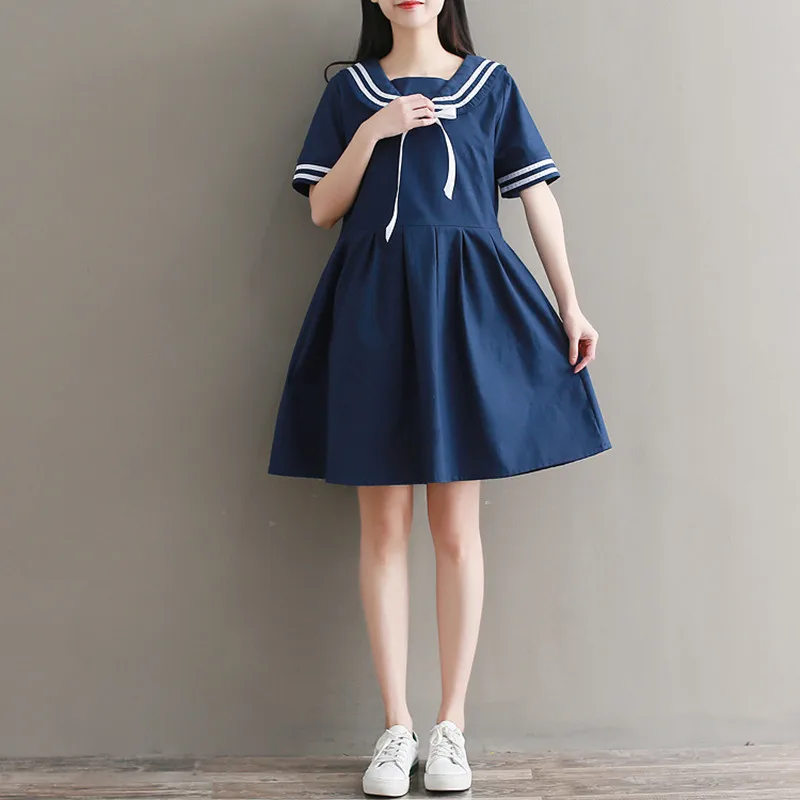 Autumn Summer Sailor Collar Dress Female Women Casual Cotton line