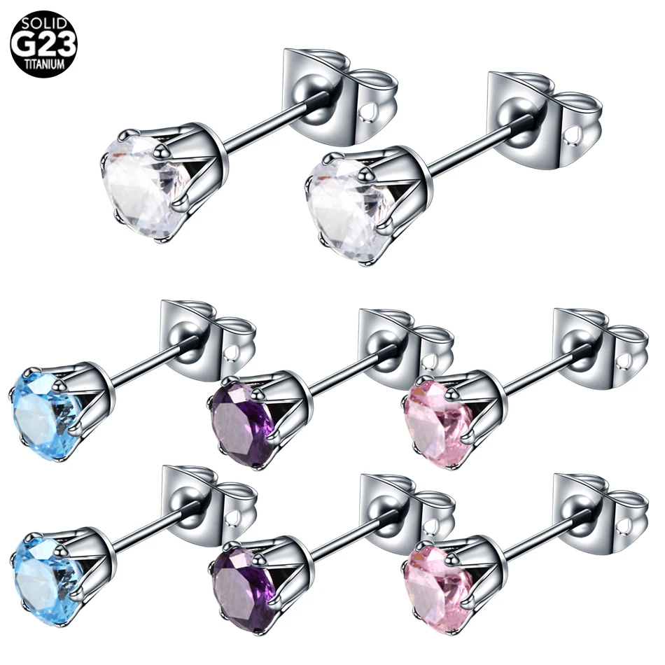 

2pcs/lot G23 Titanium Crystal Prong Setting Round Zircon Ear Piercing Stud Earrings Charming Ear Helix Tragus Sexy Jewelry