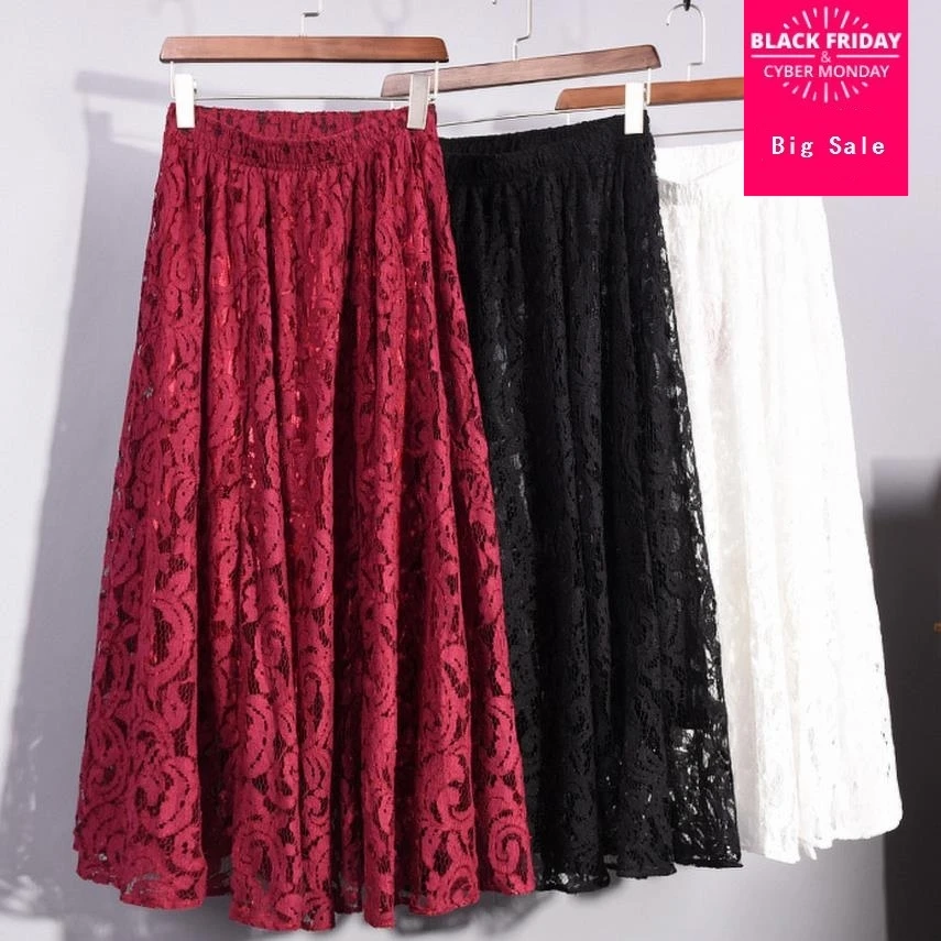 High Waist Hollow Out Lace A Line Maxi Women Elegant Long Puffy Skirts
