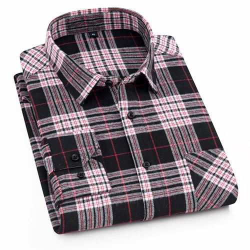 Мужская клетчатая рубашка с длинным рукавом, с начесом, с накладным левым карманом, Классические повседневные стандартные удобные и мягкие рубашки - Цвет: XDM24