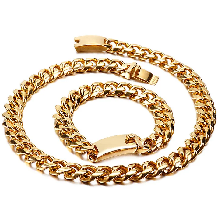 Gold Color Hip Hop Necklace For Men Cuban Link Chain Man Black Stainless Steel Bracelet Male Big Chunky Minimalist Rapper Chain Necklaces - Metal Color: Gold Color