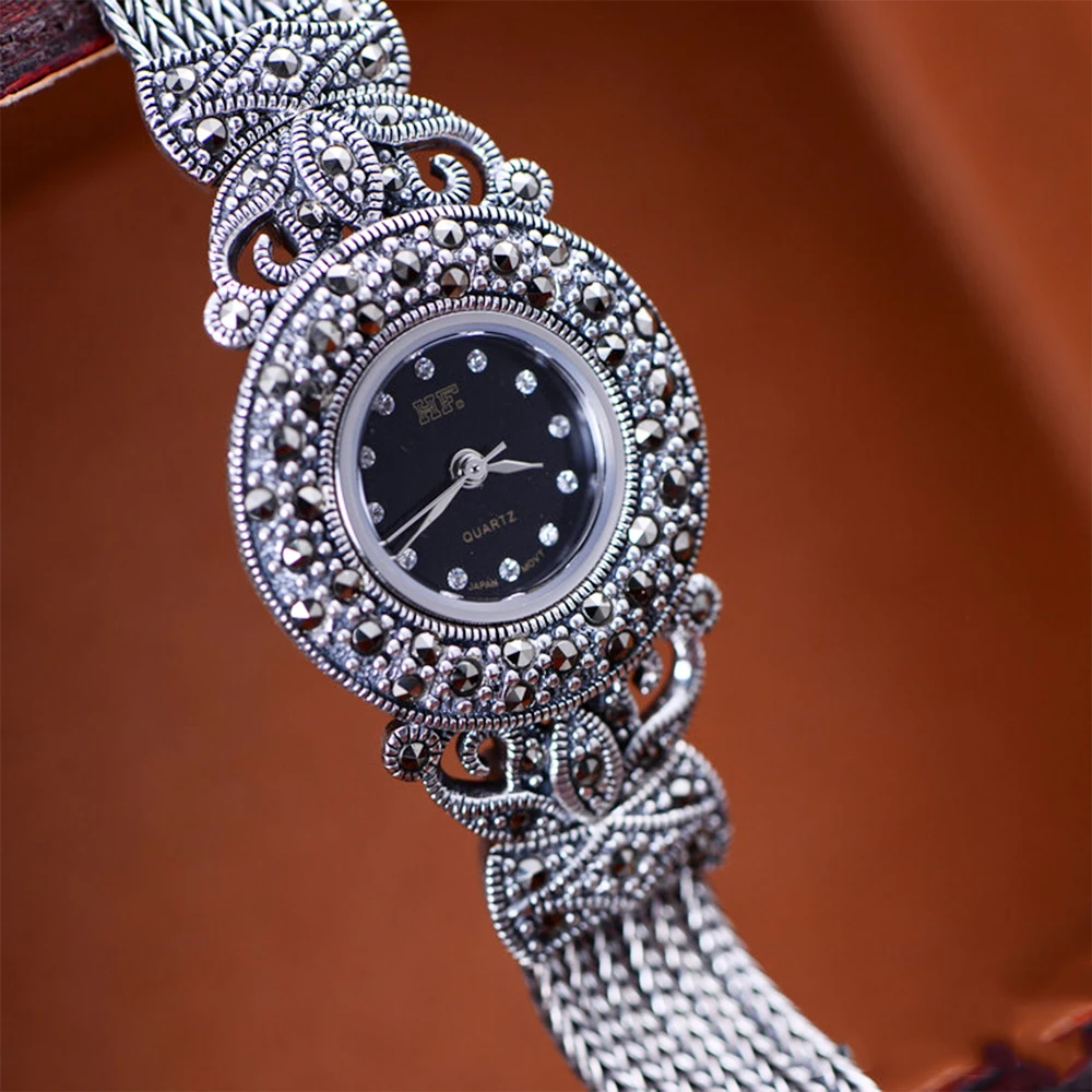 MetJakt Ограниченная серия ручной работы винтажные часы-браслет с цирконием 925 пробы Серебряный браслет для женщин ювелирные изделия