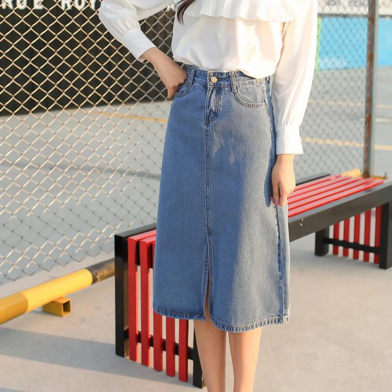 Denim Skirt For Women Nice Long Jeans Students Girls High Waist Split Slim Maxi Midi Skirts A545 | Женская одежда