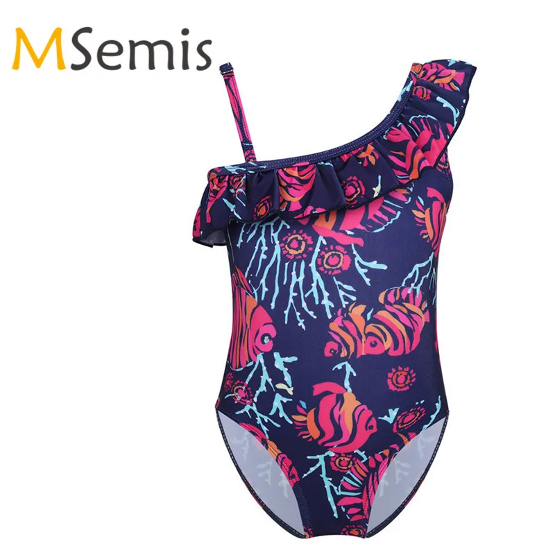 

Kids Girls Gymnastic Swimsuit for Children's Swimwear Bathing Suit One-piece Adjustable Ruffled One-Shoulder Printed Swimsuit