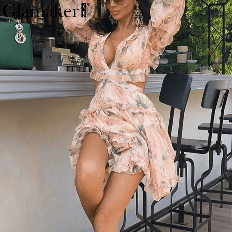 

Glamaker Chiffon floral print sexy short jumpsuit Women Lace up elegant summer romper adult Ruffle beach backless party playsuit
