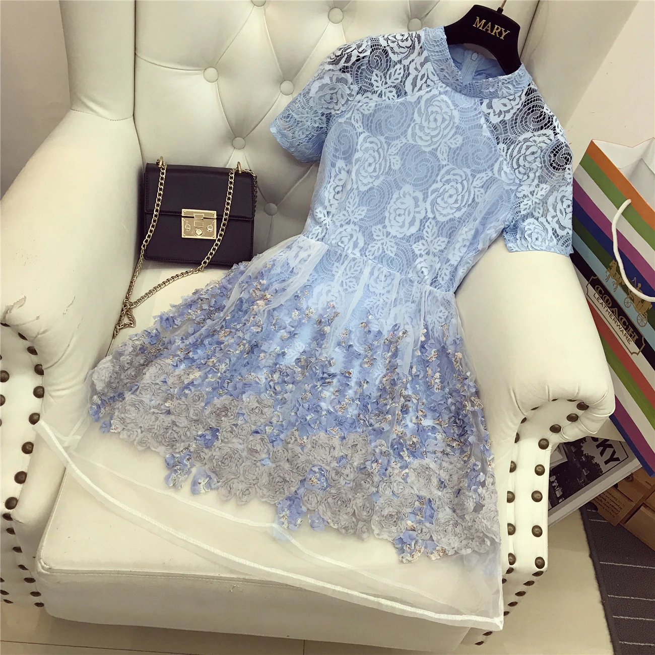 

2018 Summer Women Oganza Dress Girl Student Vintage Lace Dress Perspective Flower Mini Dresses Ladies Blue Vestidos