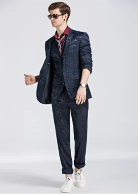 Высококачественный костюм с принтом мужские деловые банкетные Свадебные платья мужские костюмы куртка с жилетом и брюки Тонкий удобный и элегантный - Цвет: 991  lan se