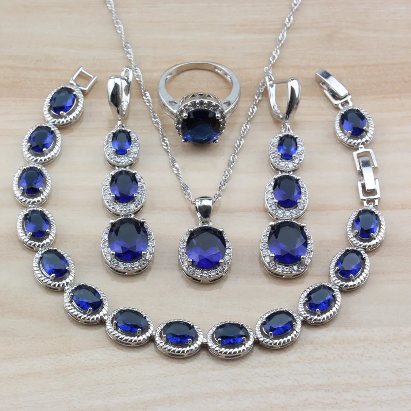 

Exclusive Bridal Wedding Costume Oval Blue Zircon Women Jewelry Sets 925 Silver Long Dangle Earrings/Necklace/Bracelet&Ring Sets