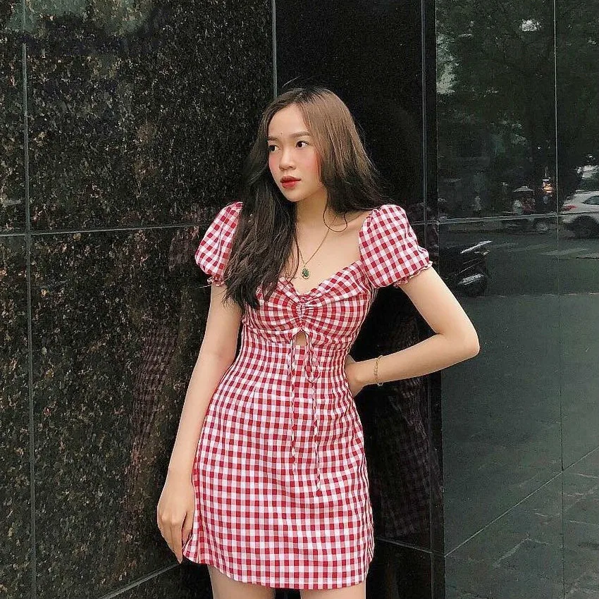 

Red White Plaid Women Mini Dress Puff Sleeve Lace Up Vintage Summer Sundress Casual Drawstring Female Short Dresses 2019