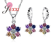 Модный кулон для девочек, набор, цветной кристалл, 925 пробы, серебряная подвеска, ожерелье, серьги, женские цветы, ювелирный набор