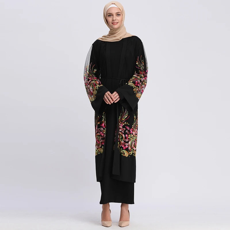 

Abaya Dubai Islam Kaftan Floral Embroidery Mesh Cardigan Muslim Hijab Dress Turkish Caftan Abayas For Women Islamic Clothing