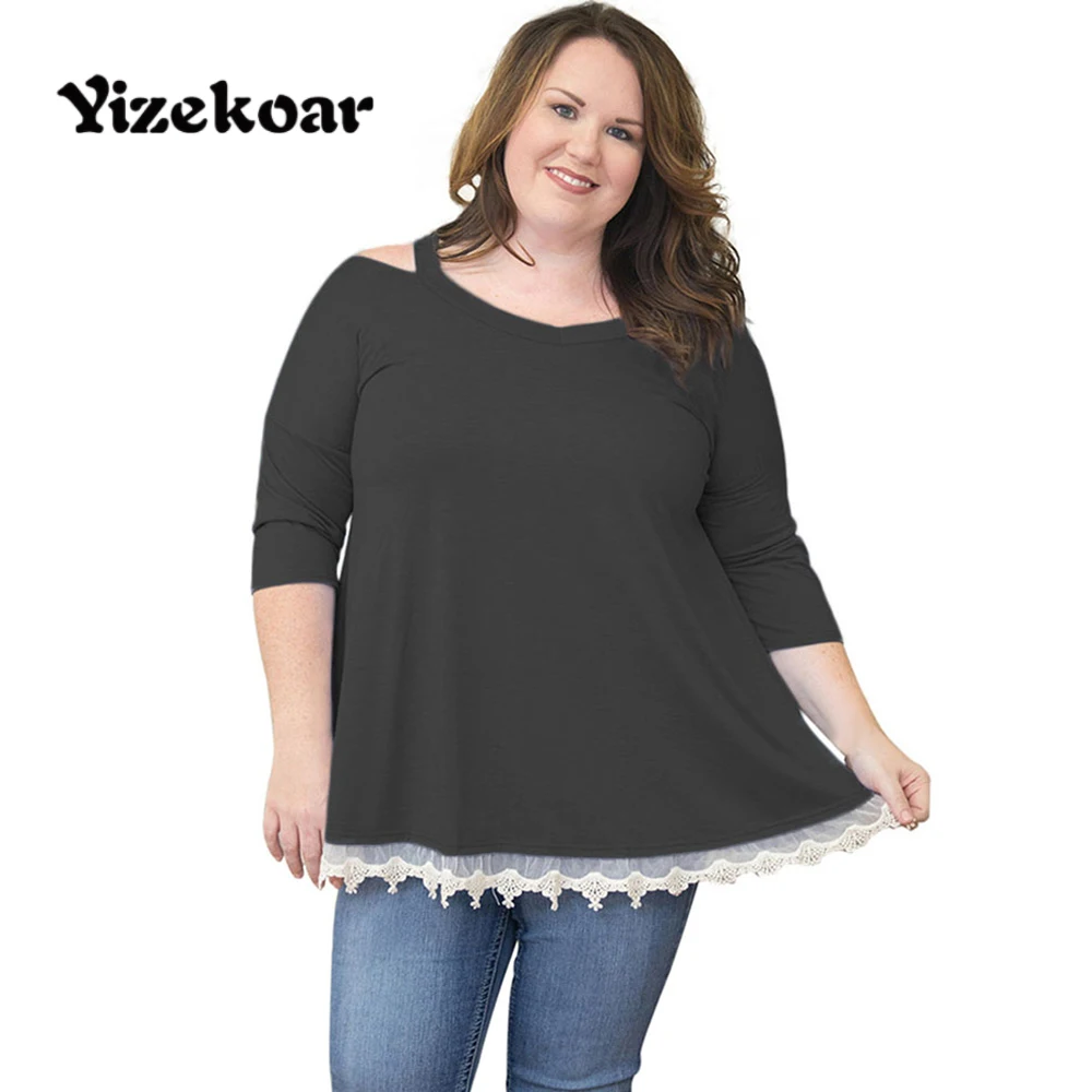Yizekoar Plus Size Tee Shirt Femme Fashion Women Long Sleeve Autumn O-Neck Top Casual Cold Shoulder Lace T Pink | Женская одежда