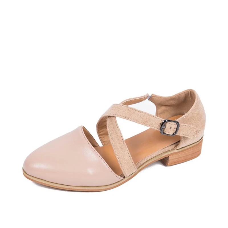 

Women Low Heel Shoes Flock Cross Tie Buckle Female Casual Shoes Cover Heel Solid Footwear Autumn PU Comfortable Ladies Shoes