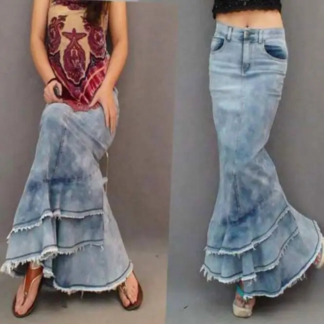

2 Color Women Jeans Skirts Ladies Multi-layer Lotus Leaf Long Denim Skirt Ruffles Patch Slim Package Hip Maxi Fishtail Skirts
