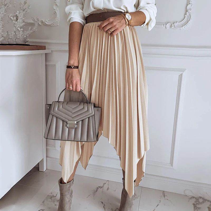 

Hot Sale Spring Autumn Female High Waist Pleated Irregular Elastic Swing Skirt Womens Solid Color Half Length Elastic Midi Skirt
