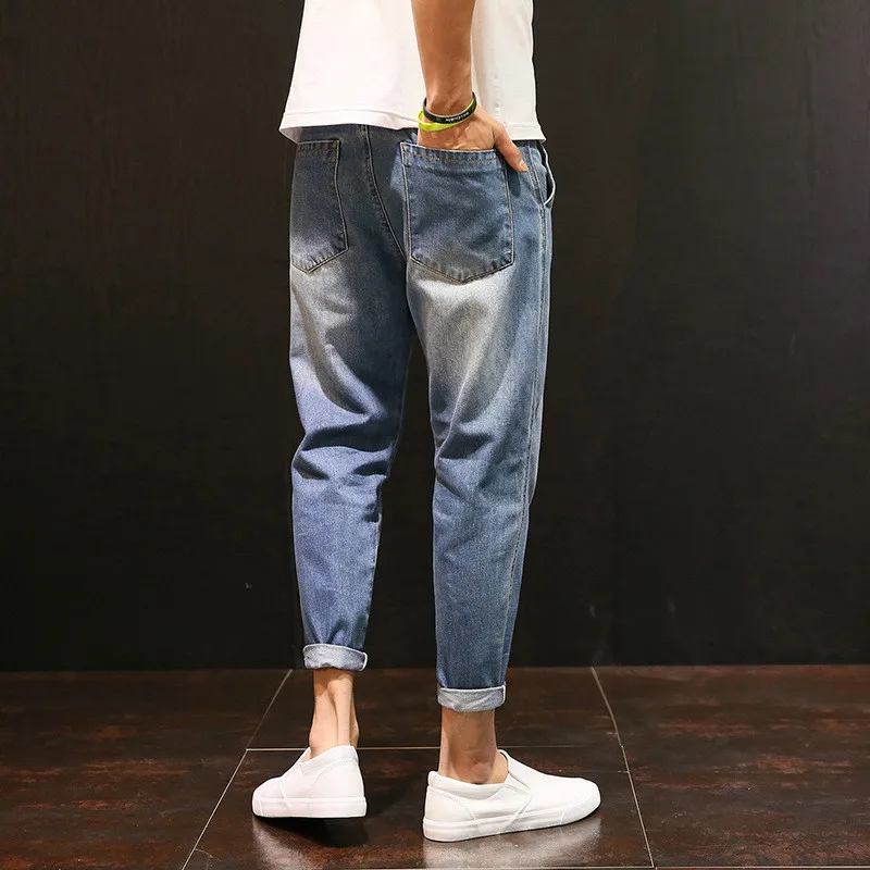 Байкерские джинсы мужские однотонные джинсы 2019 новые свободные тонкие секции японские Обрезанные джинсы, длинные штаны больше размеров